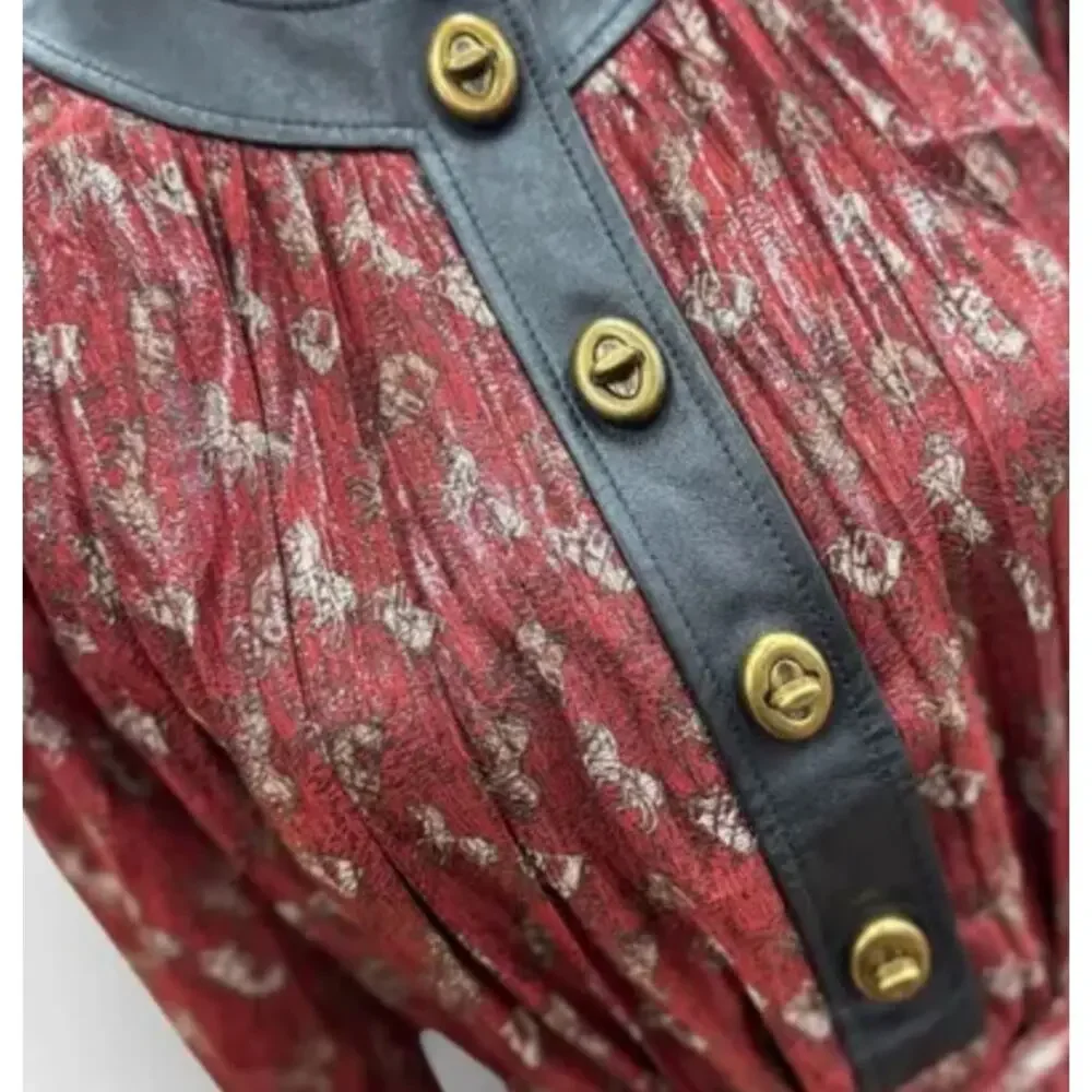COACH Lurex Horse Carriage Print Pleated Dress Silk Leather Trim Red 88469 XS